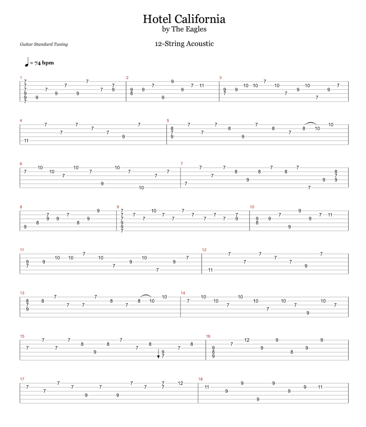 First page of tablature for Hotel California