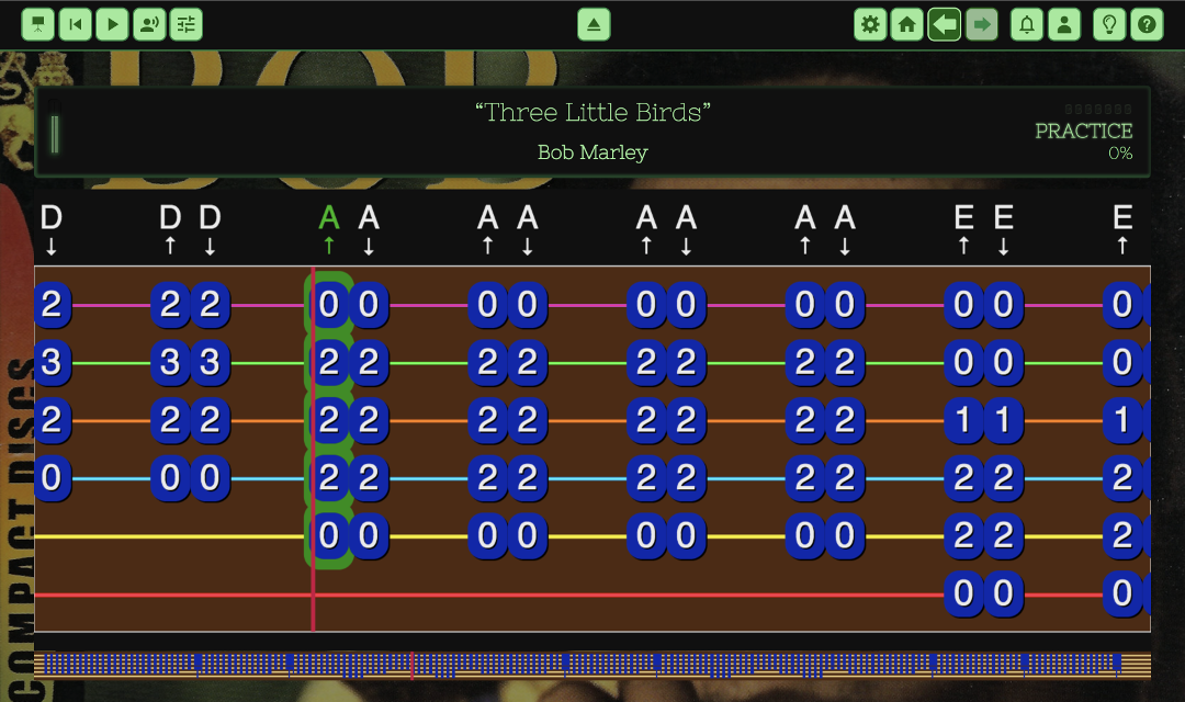 Screenshot of tab with chord name and stroke annotations in FATpick.